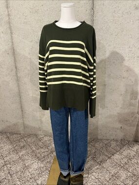 Olive Green Striped Oversized Knit Sweater Neutral Cozy Minimal Size M